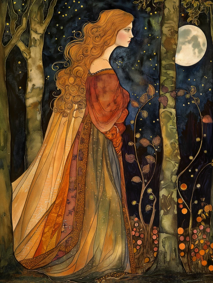 Póster de mujer misteriosa en vestido que fluye bajo la luz de la luna 18x24 pulgadas Foto 1 de 1