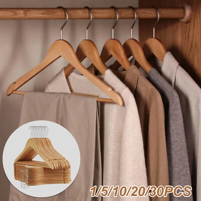 Paquete de 1~30 perchas de madera maciza de madera natural perchas de madera  Foto 1 de 4