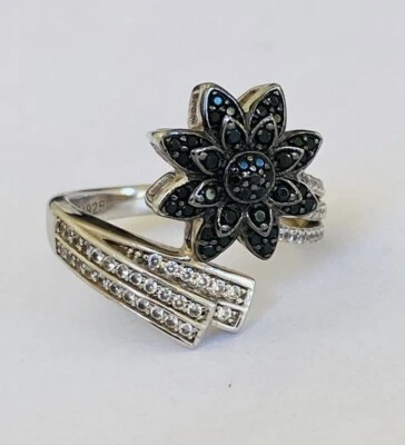 Beautiful BBJ Sterling Silver Black Spinel CZ Flower Bypass Ring Size 6 - Image 1 of 4