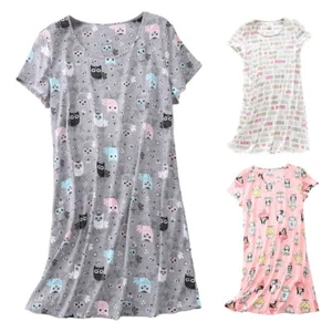 Women's Soft Cartoon Short Sleeve Nightgown Crew Neck Cute Pajama Sleep Dress - Picture 1 of 12