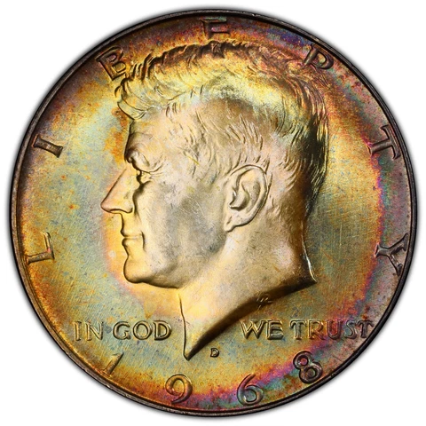 1968 D PCGS MS65 Kennedy Half Dollar Rainbow Toned Excellent Double Toning Cover
