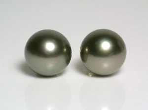 10mm AA++ quality pistachio Tahitian saltwater pearl & 18 carat gold earrings - Picture 1 of 4