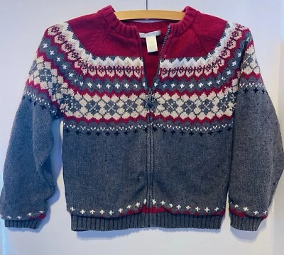 Janie & Jack Boys Size 7 Fair Isle Knit Sweater Wool Mix Zip Cardigan Gray/Red - Image 1 of 3