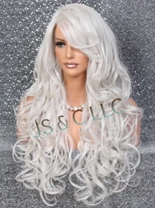 Long Human hair blend Full Wig Curly bangs Heat OK Grey 60 WBT - Picture 1 of 10