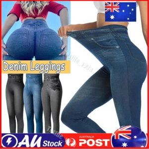 Women's Jeggings Faux Denim Jeans Leggings High Waist Tummy Control Pencil Pants - Picture 1 of 16