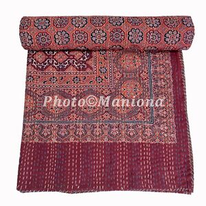Handmade Ajrakh Kantha Quilt Hand Block Printed Maroon Blanket Throw Bedspread