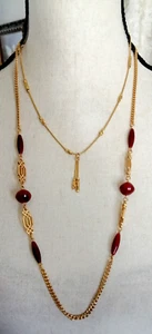 Vintage Layer Two Necklaces Gold Tone Station Red Bead / Engraved bars - Picture 1 of 3