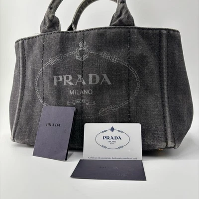PRADA CANAPA 1BG439 Canapa Tote hand Bag Canvas Denim Black Used Auth with Card - Image 1 of 4