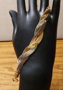 Tri-Color Braided Herringbone Bracelet 7" VIntage 80-90s Jewelry - Picture 1 of 6
