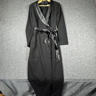 Nuevo Vestido Eliza J Talla 12 Esmoquin Vestido Formal Negro Satinado Solapa Cinturón Envoltura Maxi Foto 1 de 4