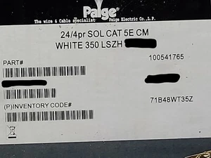 Cable Ethernet de red Paige Wire 24/4P 350 MHz Cat5E U/UTP LSZH-CM blanco/100 pies - Imagen 1 de 8