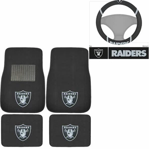 NEW NFL Las Vegas Raiders Car Truck Front Rear Floor Mats & Steering Wheel Cover - Picture 1 of 8