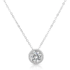 14K Real Solid White Gold 1 Carat Solitaire Round Brilliant CZ Pendant Necklace - Picture 1 of 7