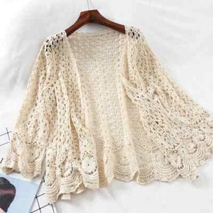 Open Lace Cardigan Crocheted Hollow Out Shrug Female Casual White Flower Floral - Picture 1 of 8