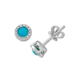 14k White Gold Natural Turquoise and Diamonds Halo Stud Earrings Wedding Gift - Picture 1 of 3