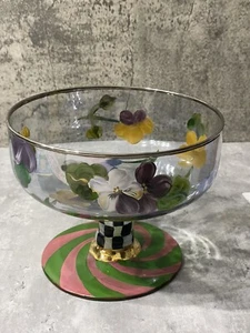 Ciotola vintage MACKENZIE-CHILDS Pansy Swirl Check in vetro dipinto a mano composta con piedi - Foto 1 di 12