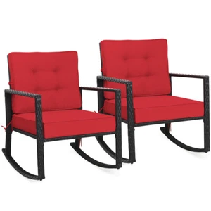 2PCS Patio Rattan Rocker Chair Outdoor Glider Wicker Rocking Chair Cushion Red - Picture 1 of 9