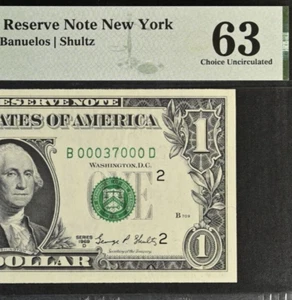 1969D $1 Federal Reserve Note PMG 63 - Birthday Low Serial Number 00037000 - Picture 1 of 3