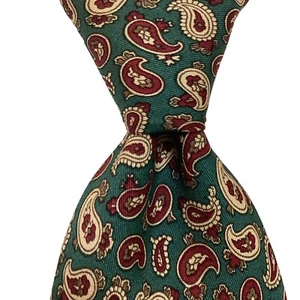 REVIEW ENGLAND Mens Silk Necktie ITALY Designer PAISLEY Green/Red/Ivory EUC Rare - Picture 1 of 3