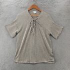 BKE Pullover Sweater Top Womens S Green Striped V Neck Short Sleeve Casual Knit
