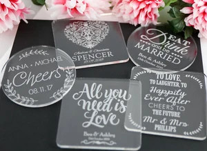 WEDDING COASTERS CLEAR ACRYLIC ROUND SQUARE PERSONALISED LASER ENGRAVED  - Picture 1 of 23
