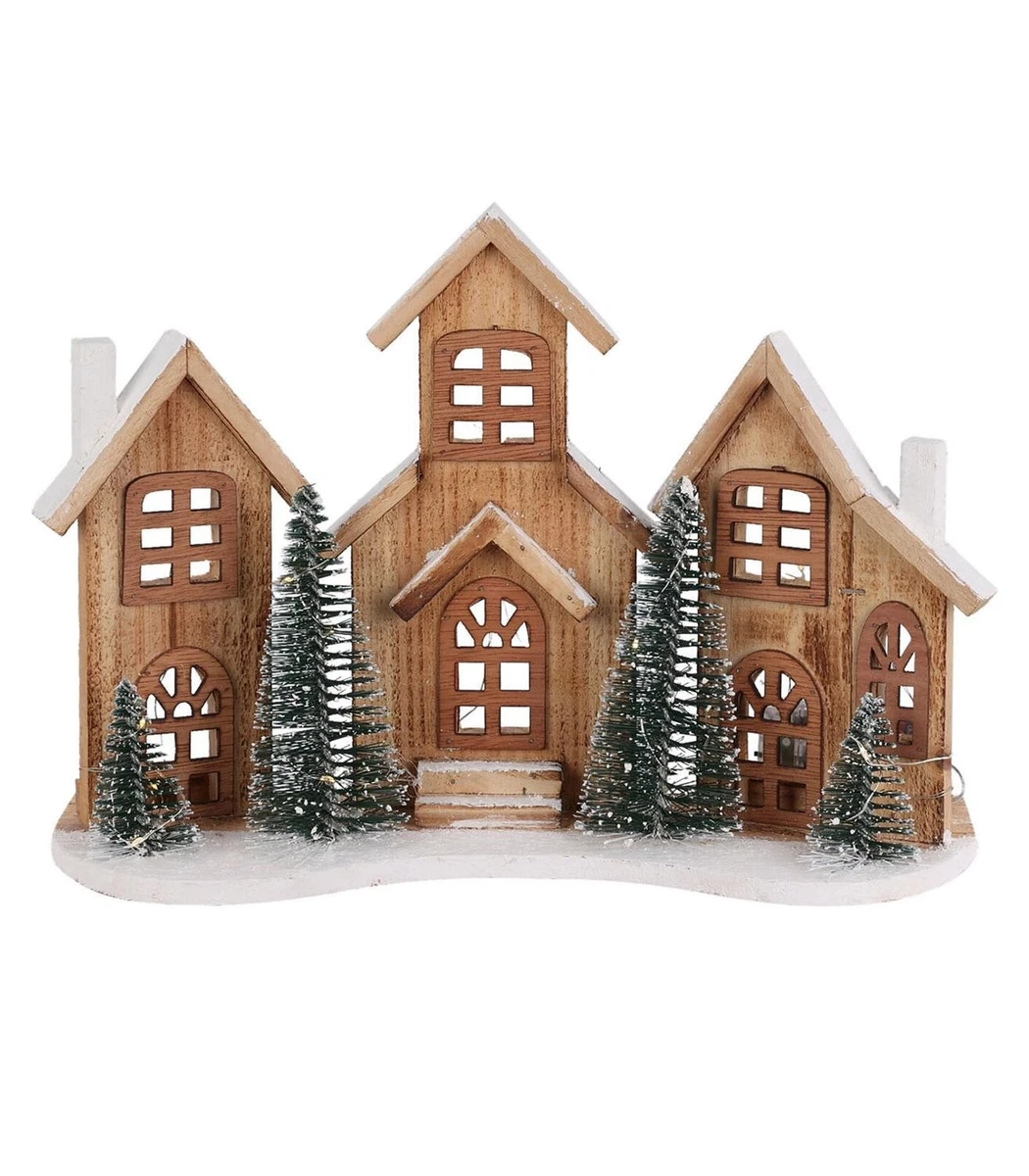 B&B 6er Set Weihnachtshäuser Deko - Weiße Holzhäuser Mit Rotem Karo, Sterne & Herzen - Für Tisch, Fenster, Schaufenster