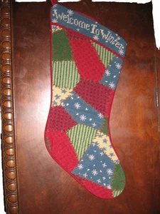 Vintage Needlepoint Christmas Stocking Snowflakes Patchwork Cottagecore 18" Wool - Picture 1 of 8