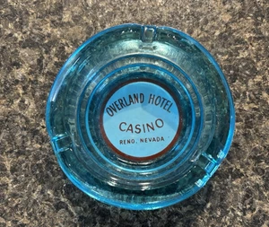 Vintage Blue Glass Advertisement Ashtray Overland RENO Hotel Casino - Picture 1 of 6
