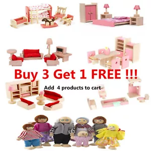 Wooden Dolls House Furniture Bundle Wood Doll Toys Miniature 7 People Family Set - Picture 1 of 23