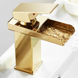 Gold Polished Bathroom Square Waterfall Basin Faucet Washroom Sink Mixer Tap - Picture 1 of 4