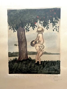 Vintage 1930’s French Watercolor Hand Signed Painting Original “Children” - Picture 1 of 4