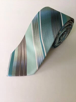 领带 Van Heusen 蓝色、蓝绿色和棕色对角线条纹丝绸 3"W 58"L — 第 1/4 张图片