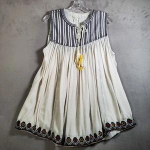 Rachel Zoe Babydoll Top Womens 1X Ivory Blue Boho Hippie Embroidered Crocheted - Picture 1 of 7