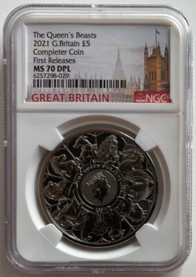 2021 UK Queen's Beasts Completer £5 BU Coin NGC MS70DPL First Releases - Image 1 of 2