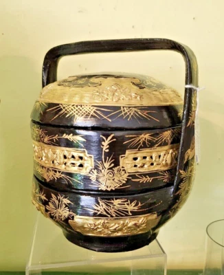 Antique Chinese Wedding Basket Tiffin Black Lacquer Hand Painted Gold Very Nice - Image 1 of 4