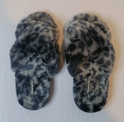 Victorias Secret NWOT Faux Fur Leopard Print Slippers L Black & Gray Print - Image 1 of 4