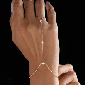 14K Gold Hand Chain Bracelet With 0.90ct Marquise Cut Lab Grown Diamonds - Picture 1 of 9
