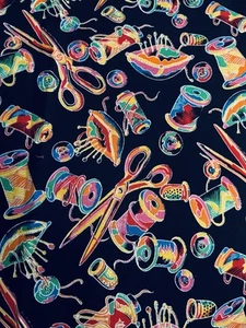 POP ART by Hoffman Sewing Theme Toss Buttons Pin Cushion on Black 22"X16" - Picture 1 of 5