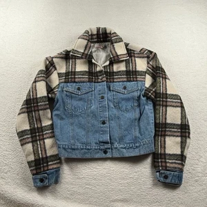 Vintage Havana Denim and Plaid Jacket Womens Medium Blue Denim Button Front - Picture 1 of 6