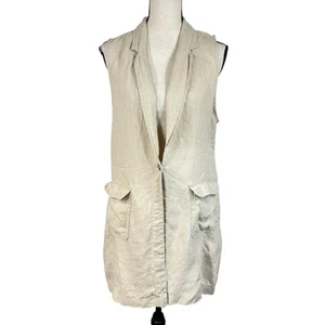 Tahari Large Linen Vest 1-Button Pockets Sleeveless Mid-Thigh Collared Side Slit - Picture 1 of 7