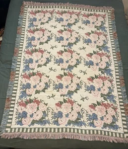 Vintage Crown Crafts Throw Blanket Tapestry Floral Roses Cottagecore 46” x 64” - Picture 1 of 5