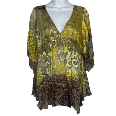 Vintage Y2K Anna Paul Silk Blouse Size M Green Gold Embroidery Sequins Maternity - Image 1 of 4