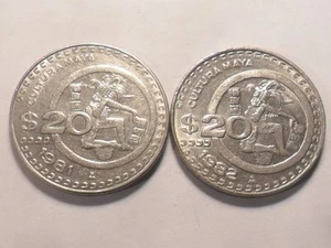 1981(Mo) 1982(Mo) NICE MEXICO COPPER-NICKEL "HEAD-DRESS LEFT" 20 PESO 2 PC SET! - Picture 1 of 2