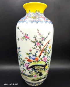 Vaso porcellana cinese bordo giallo - uccellini e fiori decoro orientale 26 cm floreale - Foto 1 di 7