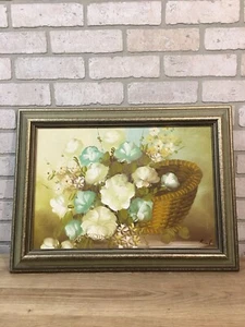Signed Original Oil Painting White & Blue Flowers In Woven Basket by Artist RAUL - Picture 1 of 9