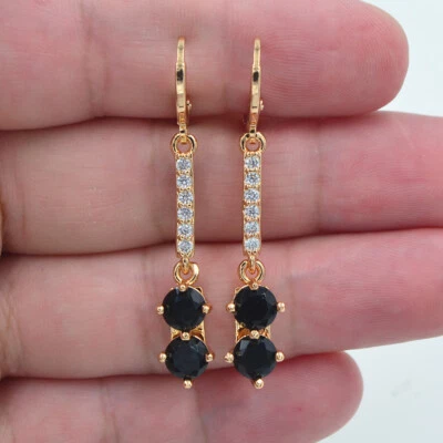 18K Yellow Gold Filled Women Fashion Black Mystic Topaz Long Dangle Earrings - Image 1 of 2