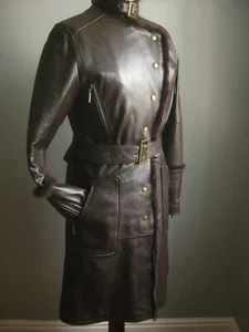 STEAMPUNK LEATHER TRENCH COAT 10 military sheep nappa real fur collar DERHY belt - Picture 1 of 12
