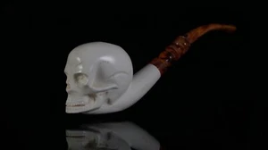 Skull Pipe Block Meerschaum-NEW Custom Fitted Case# 1575 Churchwarden Stem - Picture 1 of 12
