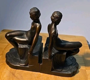 RAR Paar Art Deco Nuart Akt Flapper Dame Spelter Metall Buchstützen Art Deco Set - Bild 1 von 17