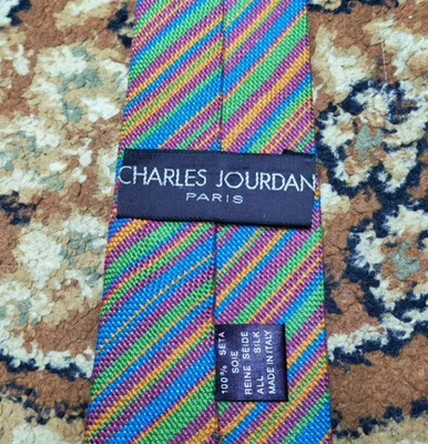 男式复古 Charles Jourdan Paris 经典 100% 全丝绸复古条形码领带 — 第 1/4 张图片